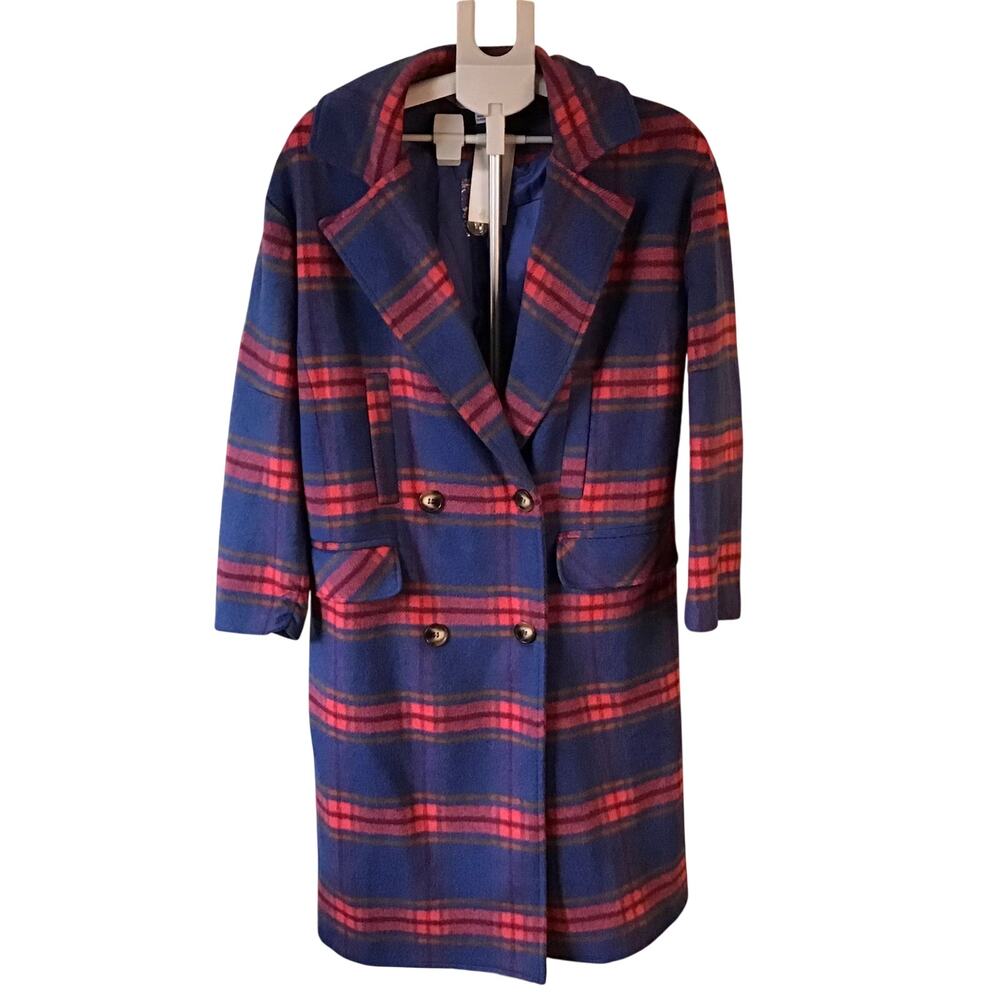 Hyfve Blue & Pink Plaid Double Breasted Coat Women’s Size M NWT